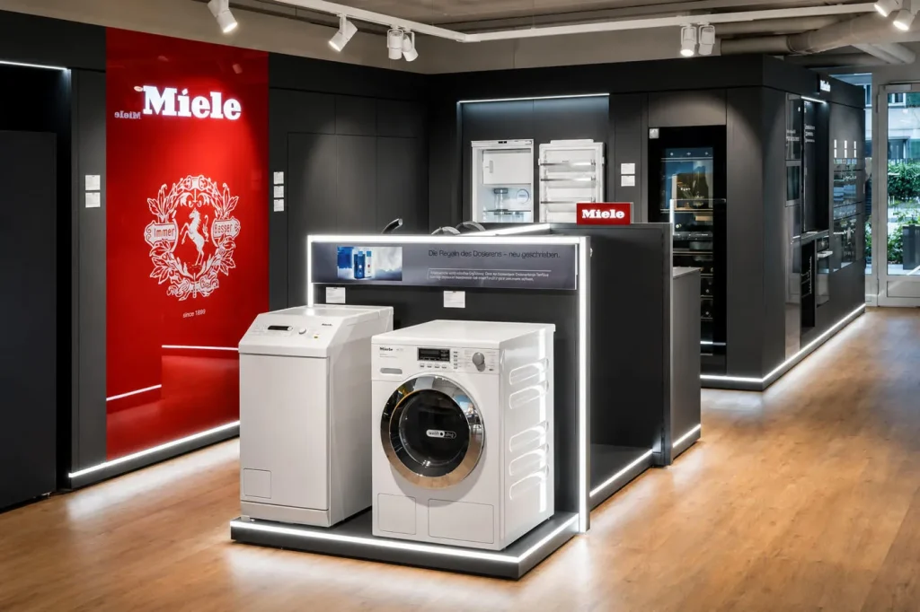 Large-format printed red glass branding panel produced for a Miele showroom in Germany